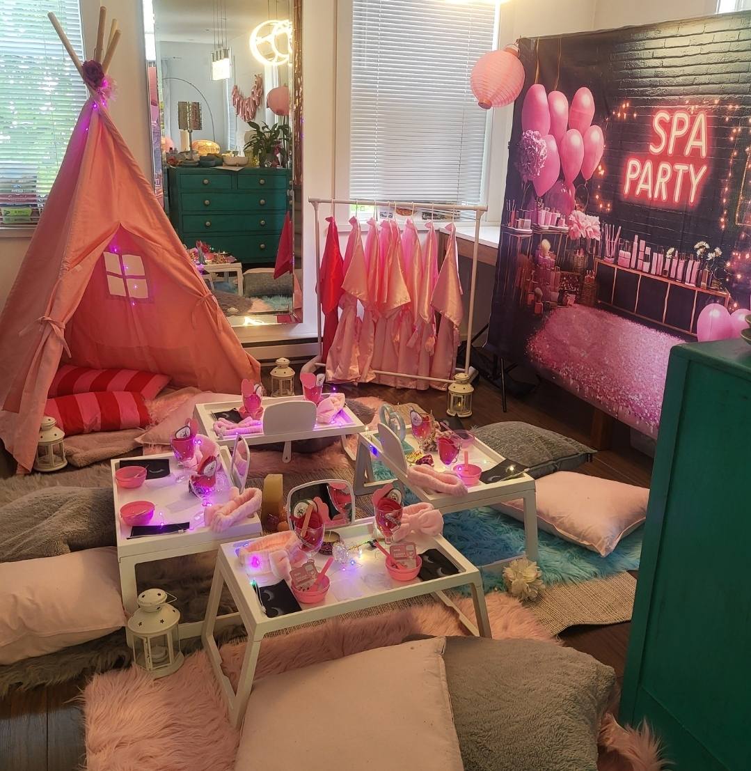 Divas Glam Spa setup with pink teepee and SPA PARTY backdrop