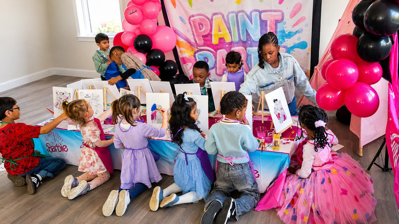 Kids painting at easels at a Paint Boho Party + Craft